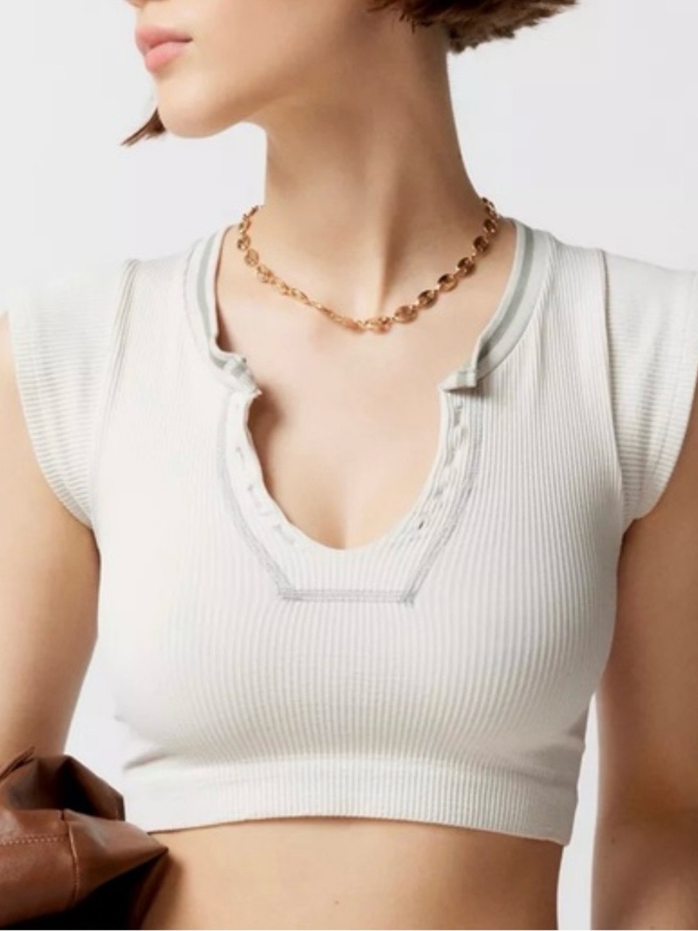Urban Outfitters Cream Ribbed Notch-Neck Crop Top with Light Gray Trim